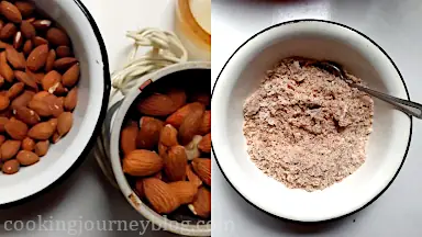 Make almond meal. Use coffee grinder or food processor to process almond. You can use a store-bought almond meal and skip this step!