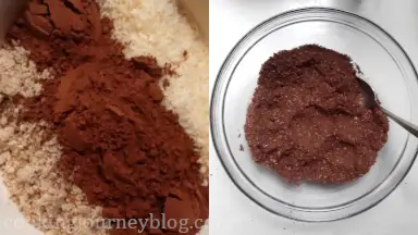 Combine all dry ingredients in a large bowl - cocoa powder, almond meal and shredded coconut.