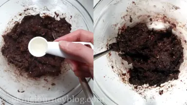 Add melted coconut oil and mix once again until all well-combined. Make sure the chocolate mixture is like a very wet, sticky sand.