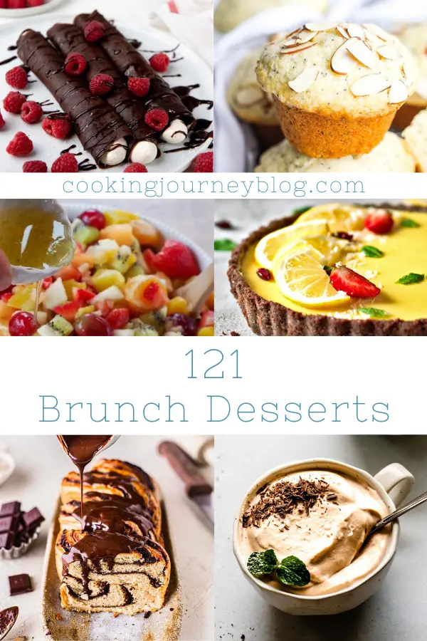 121 Brunch Desserts - chocolate pancakes, muffins, fruit salad, lemon tart, chocolate bread and coffee mousse