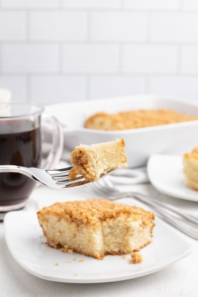 Bisquick Coffee Cake on the plate with a fork