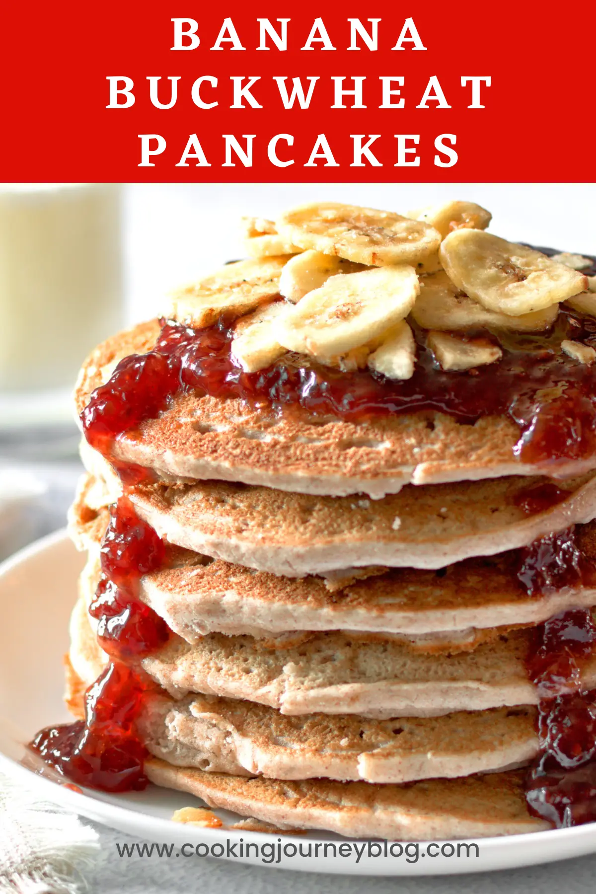 A stack of banana buckwheat pancakes served with jam for breakfast.