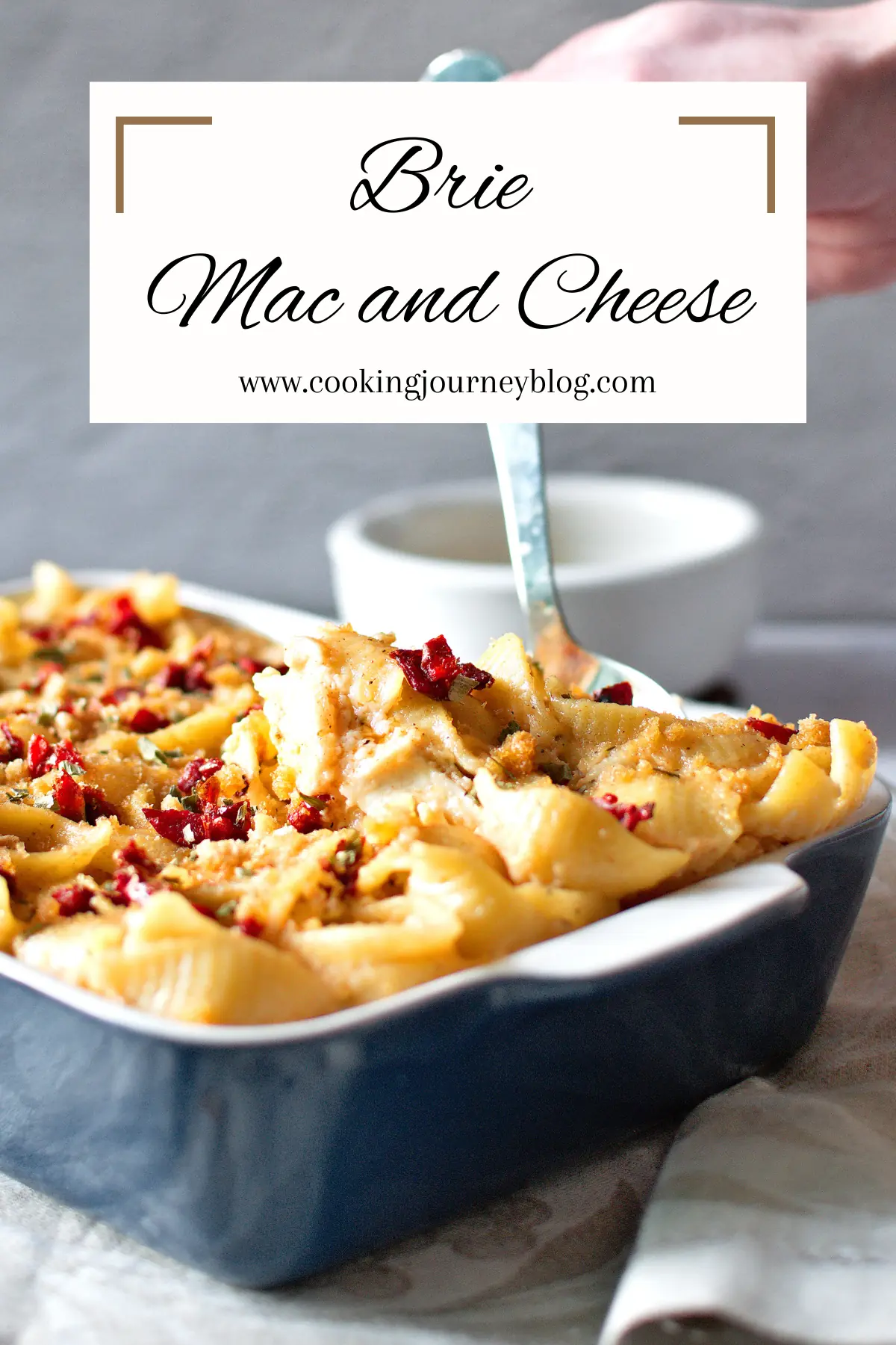 Brie Mac and Cheese in a blue baking tray