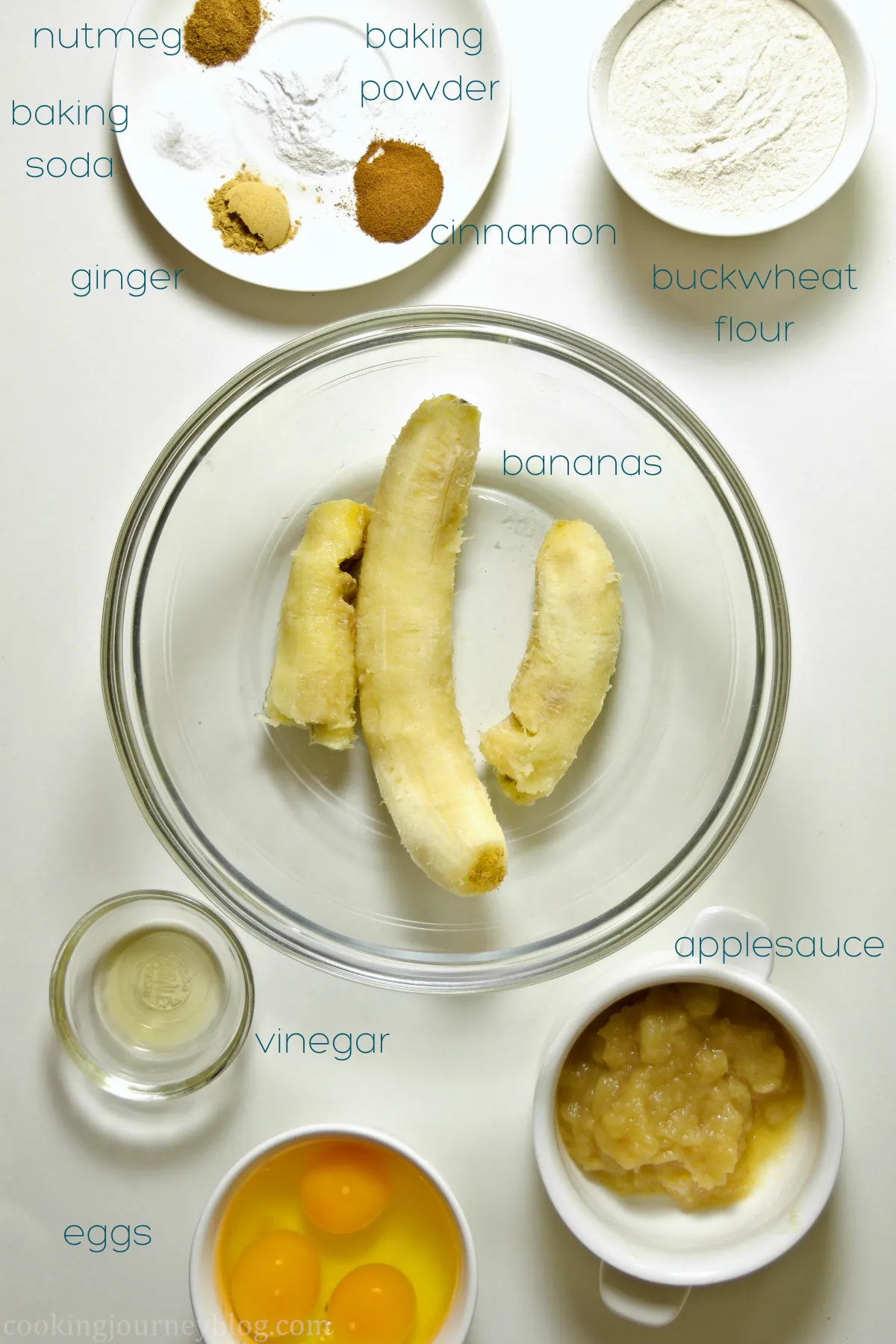 Ingredients for banana buckwheat muffins: nutmeg, baking powder, baking soda, cinnamon, ginger, buckwheat flour, bananas, apple cider vinegar, eggs, applesauce