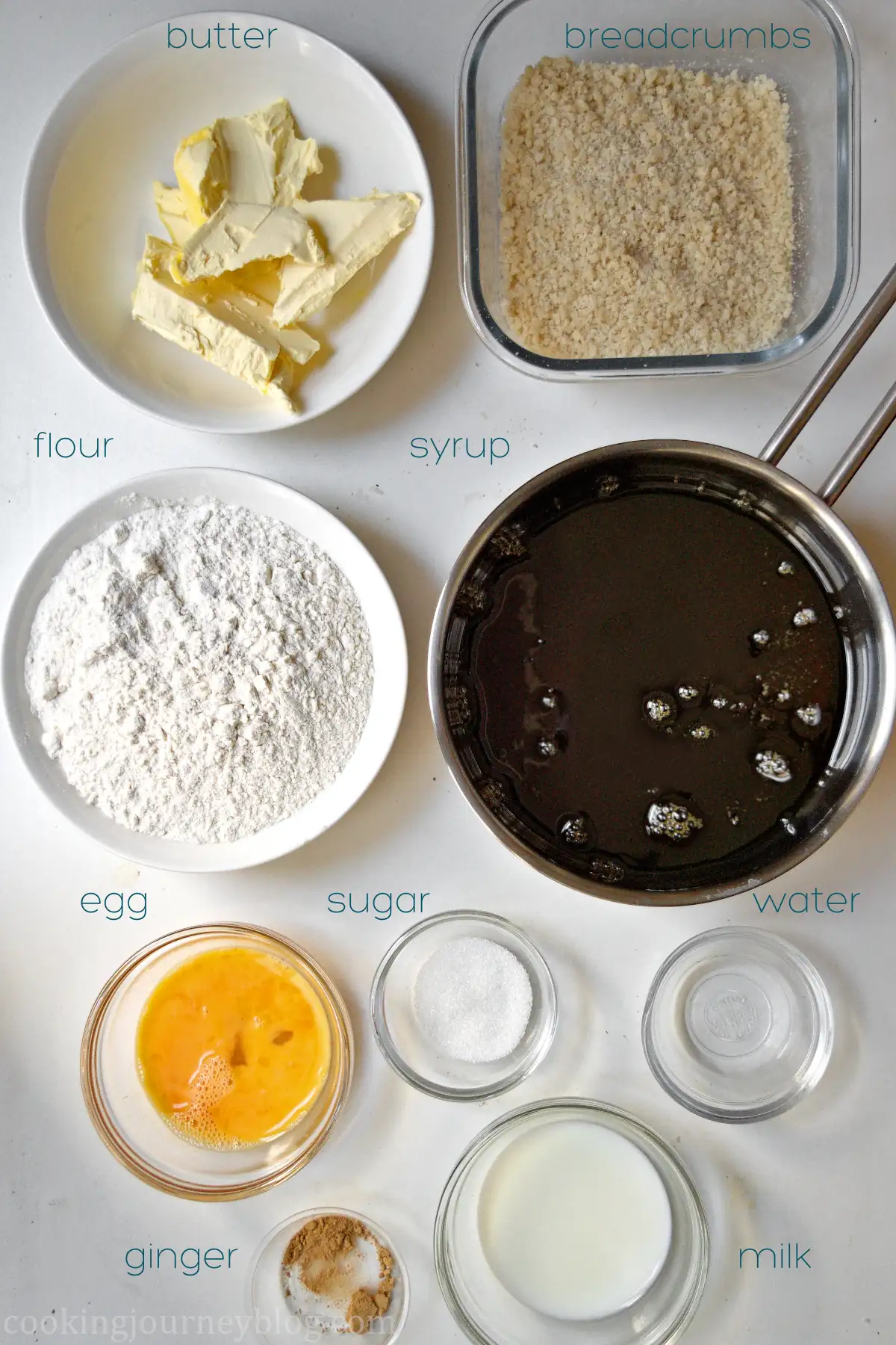 Ingrredients for treacle tart: butter, breadcrumbs, flour, syrup, egg, sugar, water, ginger powder, milk