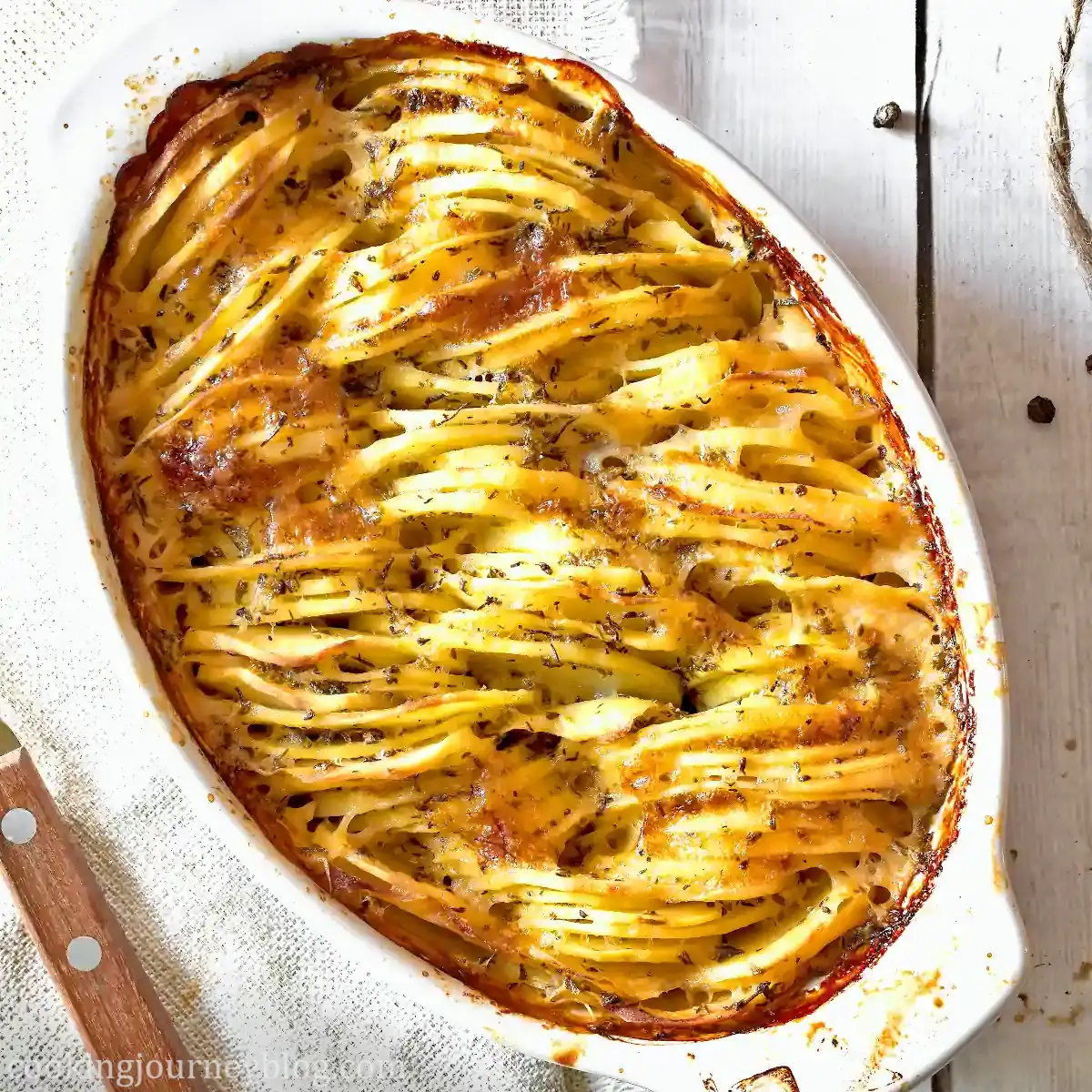 Spiralized Hasselback Potato Gratin - Just a Little Bit of Bacon