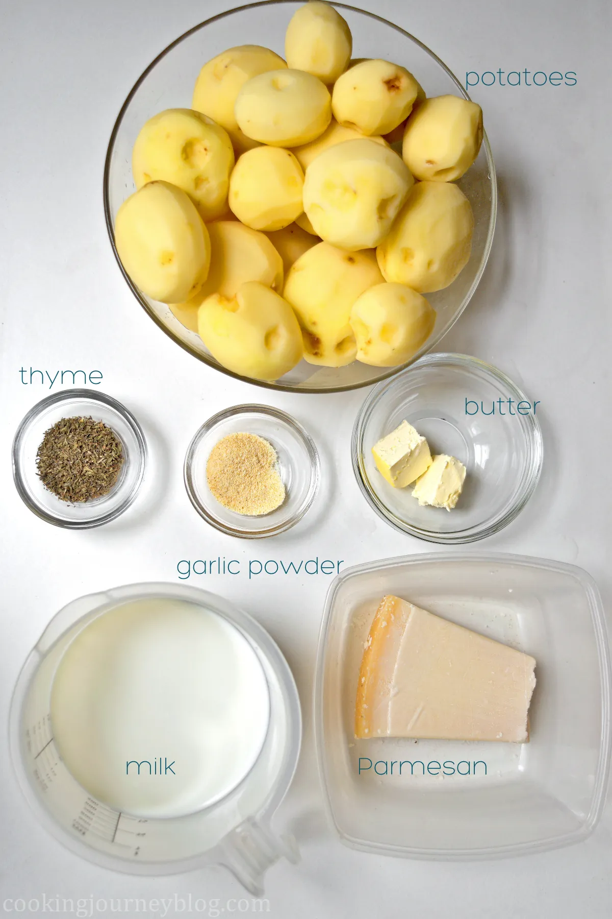 Ingredients for Hasselback potato gratin: potatoes, thyme, garlic powder, butter, milk and Parmesan