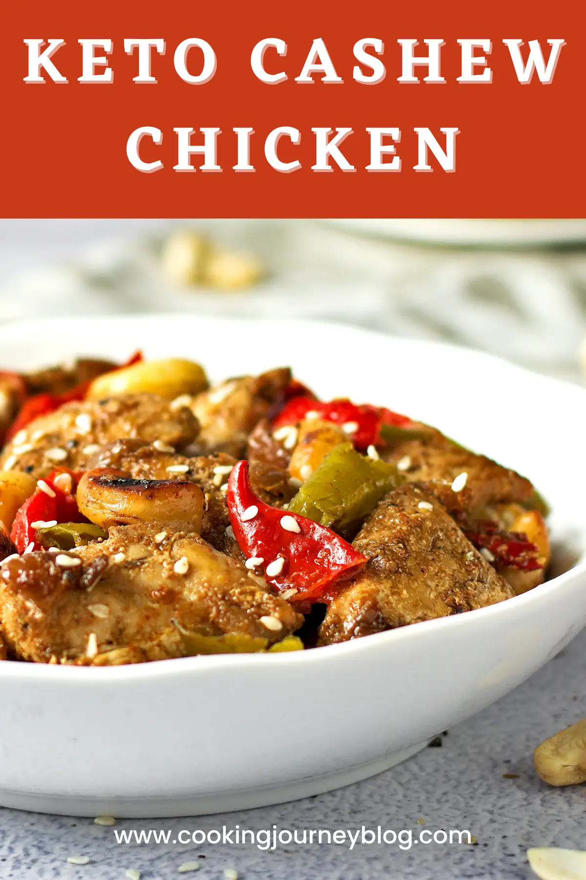 Keto Cashew Chicken in a white bowl, served for dinner. Great gluten-free chicken recipe. Easy, quick and flavorful meal.