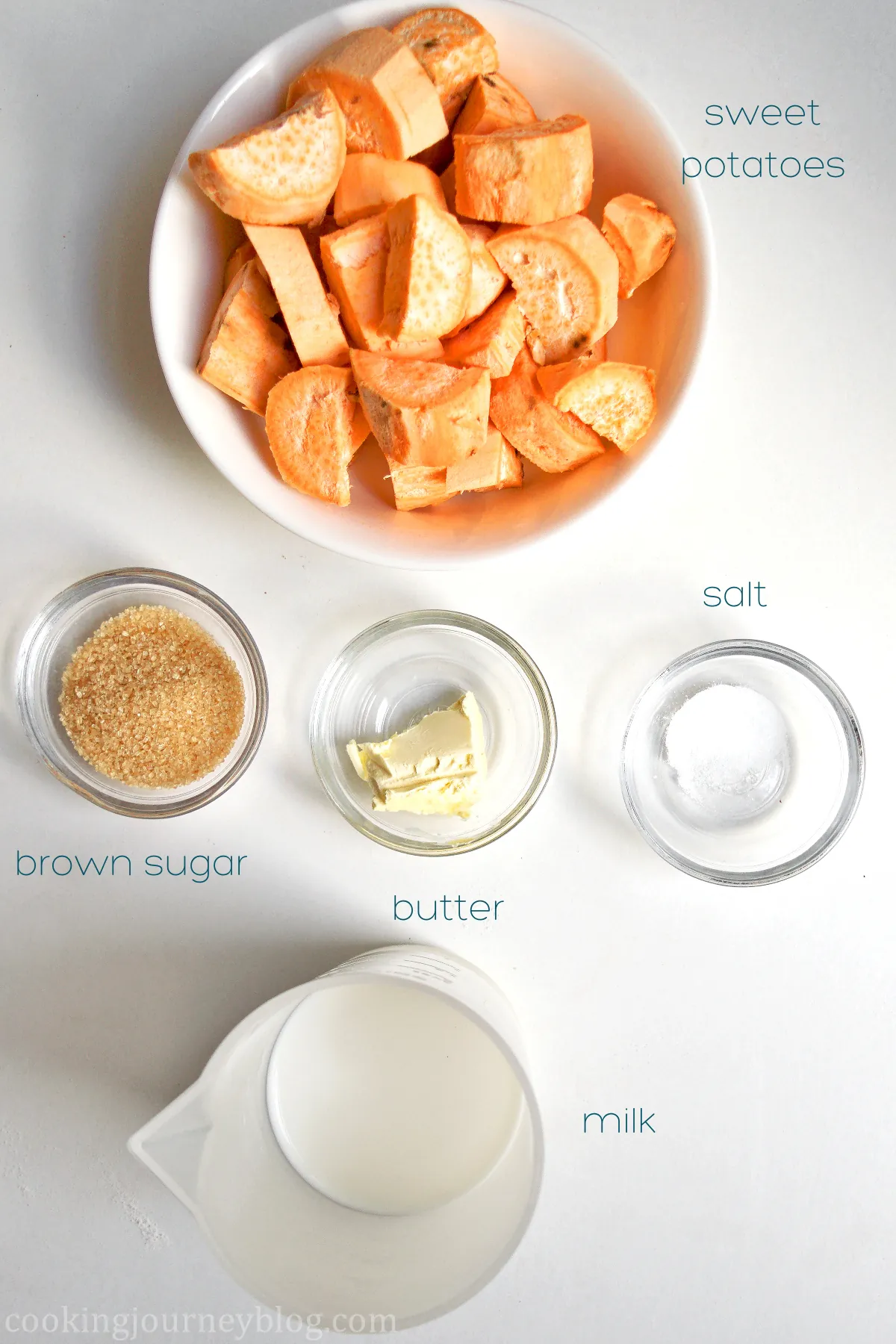 Ingredients for mashed sweet potatoes: sweet potatoes, brown sugar, butter, salt and milk