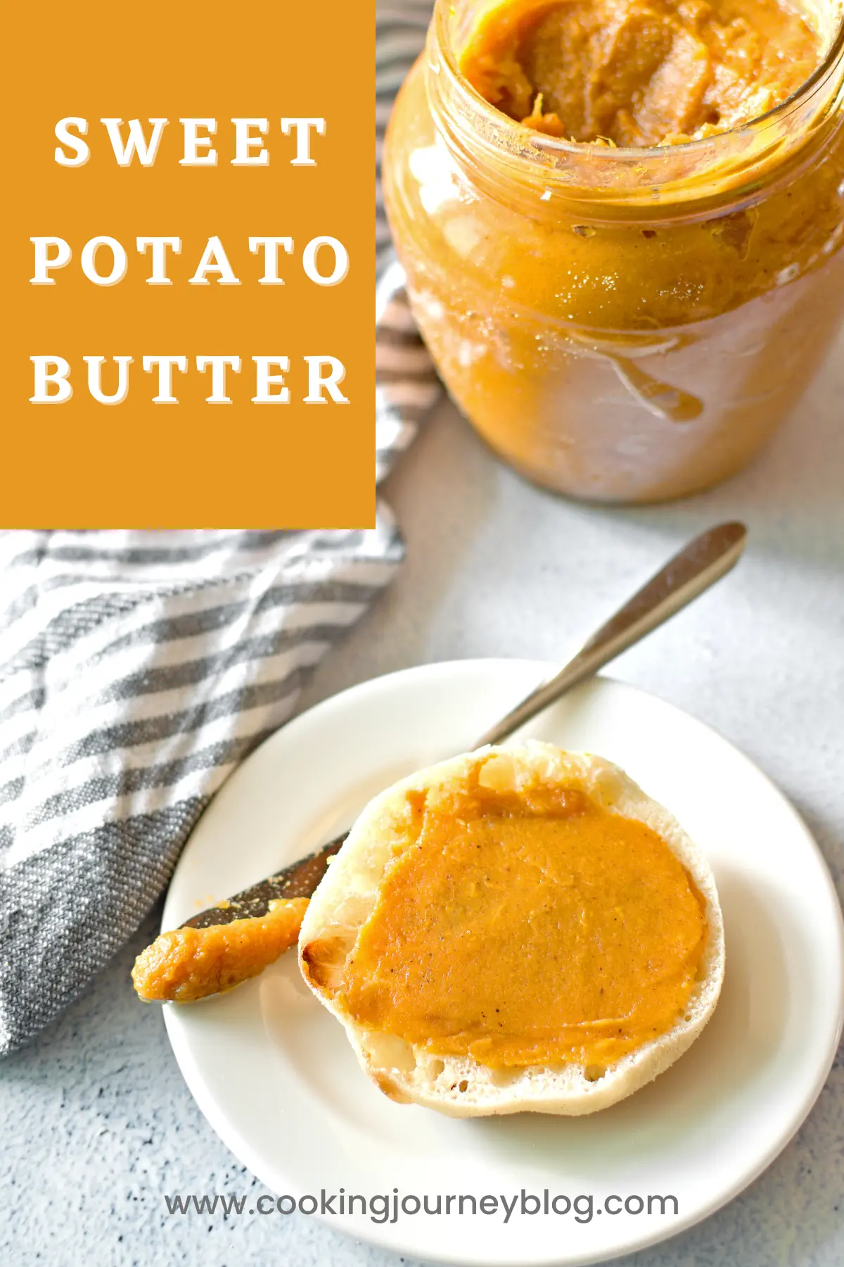 Bread smeared with sweet potato and served on a white plate with a butter knife. A jar with sweet potato butter is a perfect fall breakfast idea.