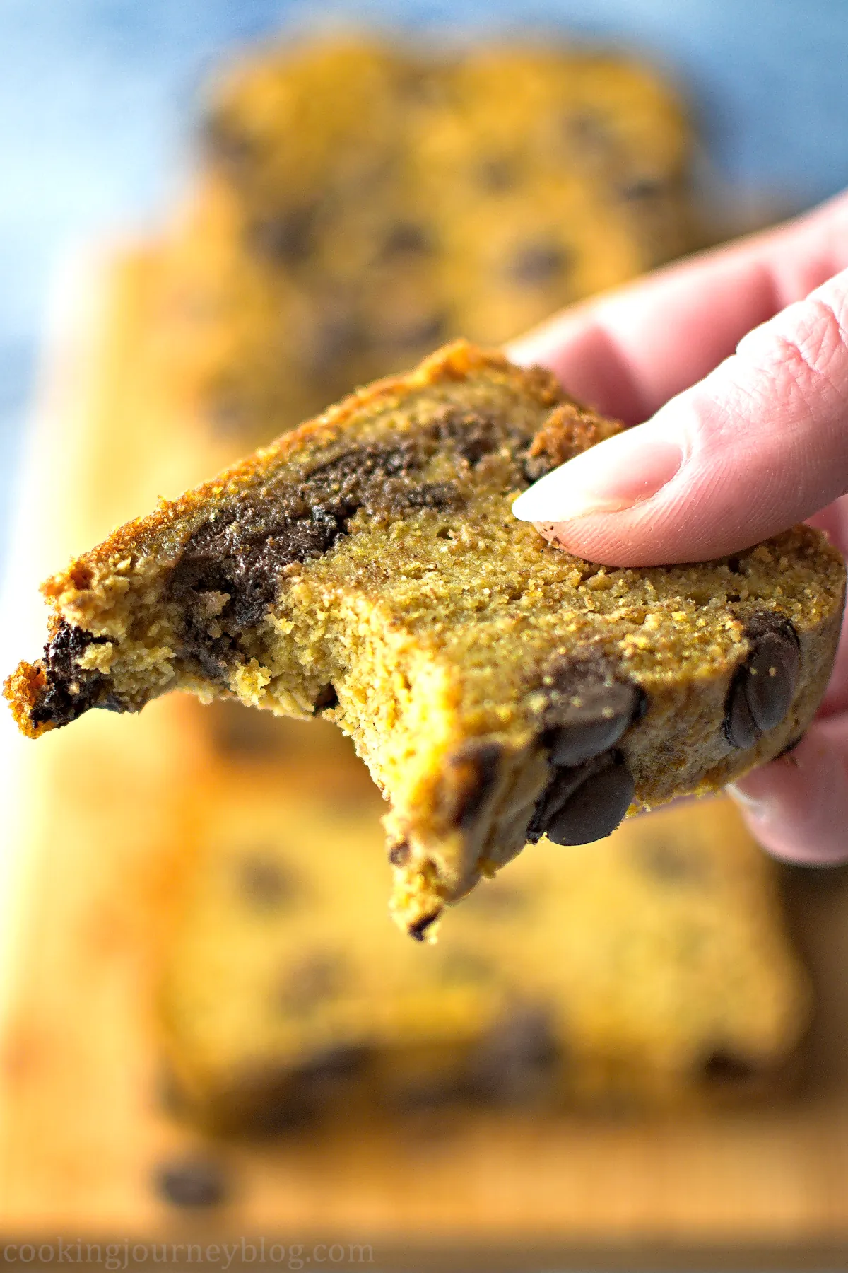 Holding a slice of pumpkin chocolate chip bread in the hand.