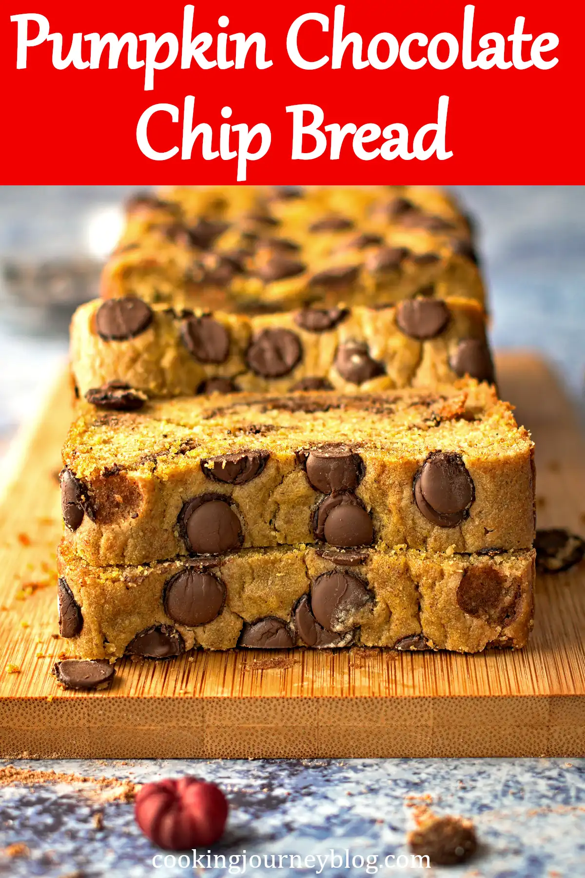 Pumpkin chocolate chip bread slices are great served for breakfast with a cup of tea or coffee. Easy fall recipe to make for your family. Healthy and delicious.